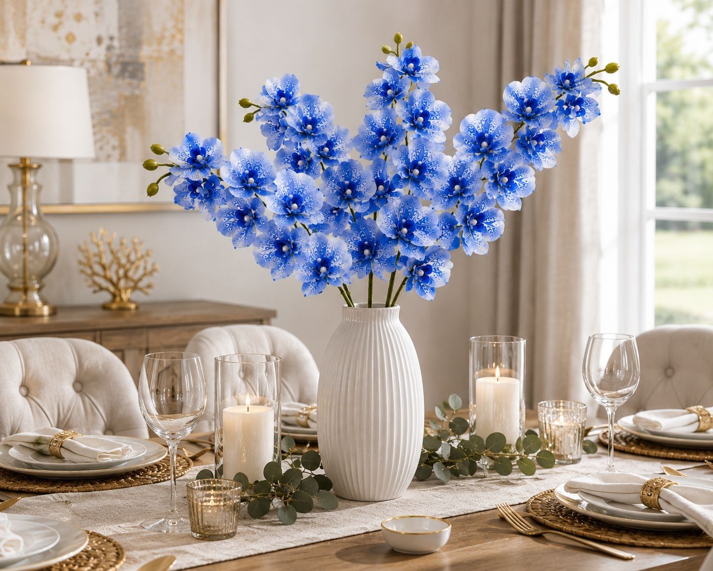 Artificial Silk Blue Orchid Stem 25 Inch Faux Phalaenopsis Flower Wedding Center