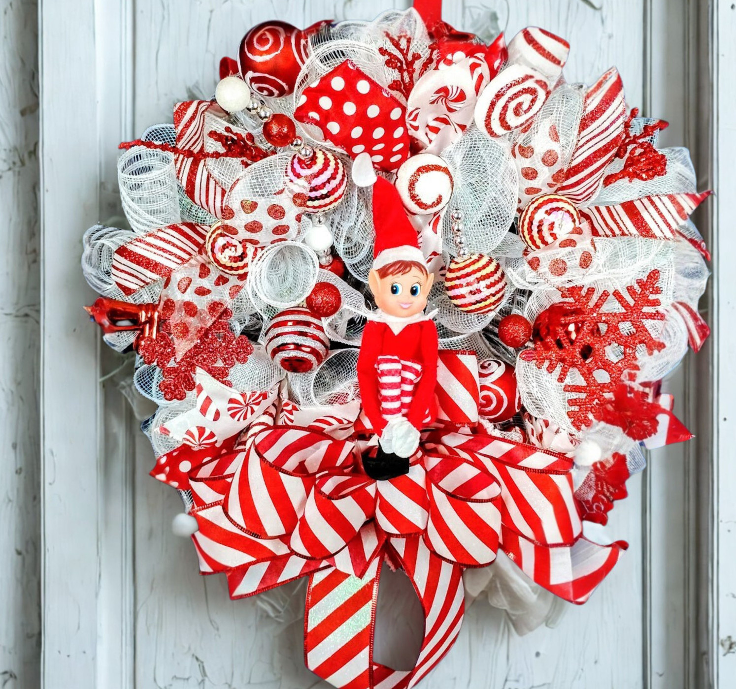 Christmas Elf Front Door Wreath Large 24″ Handmade Deco Mesh Holiday Decoration