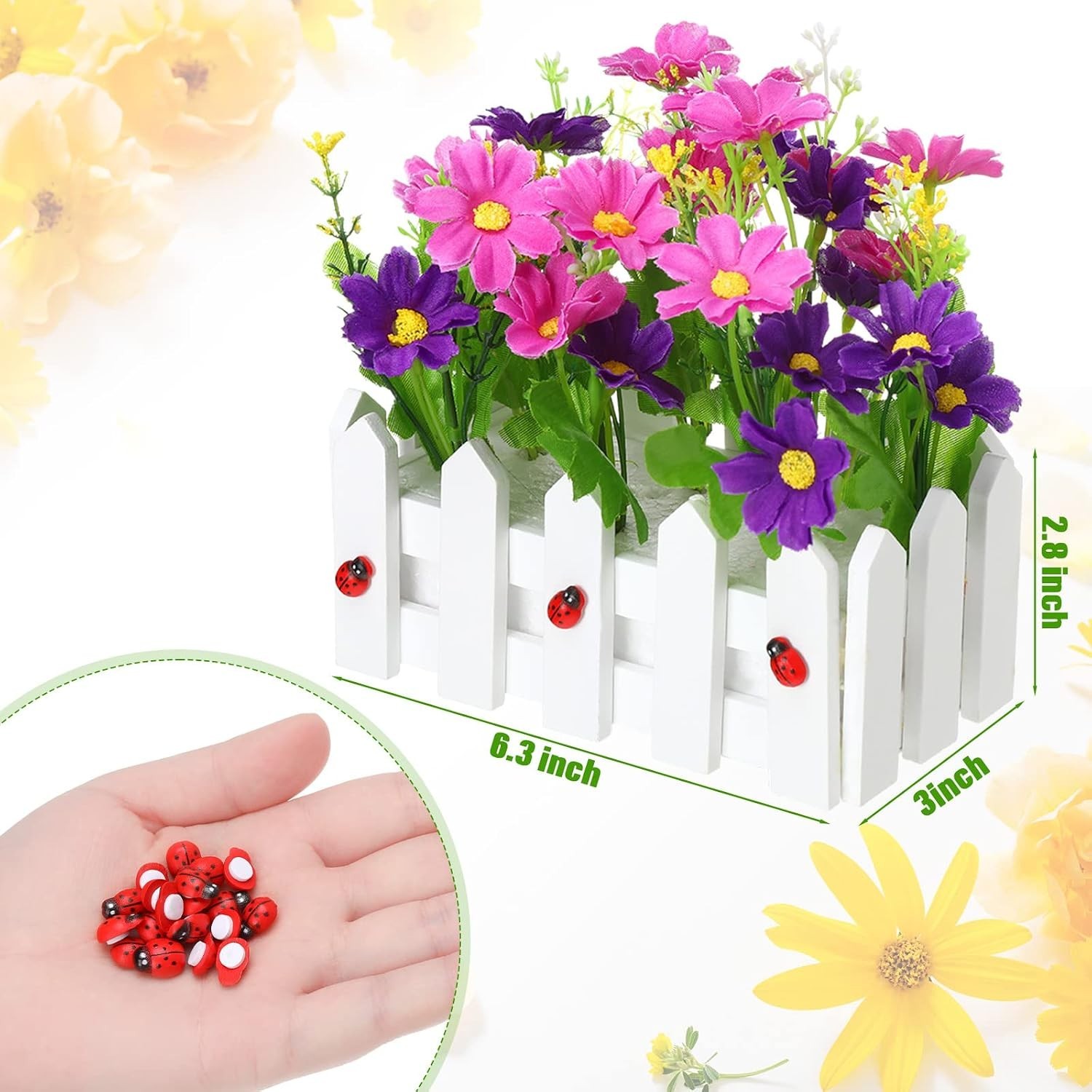 Jexine Artificial Flower Plants Potted in Picket Fence (6.3 Inch, 24 Pcs)