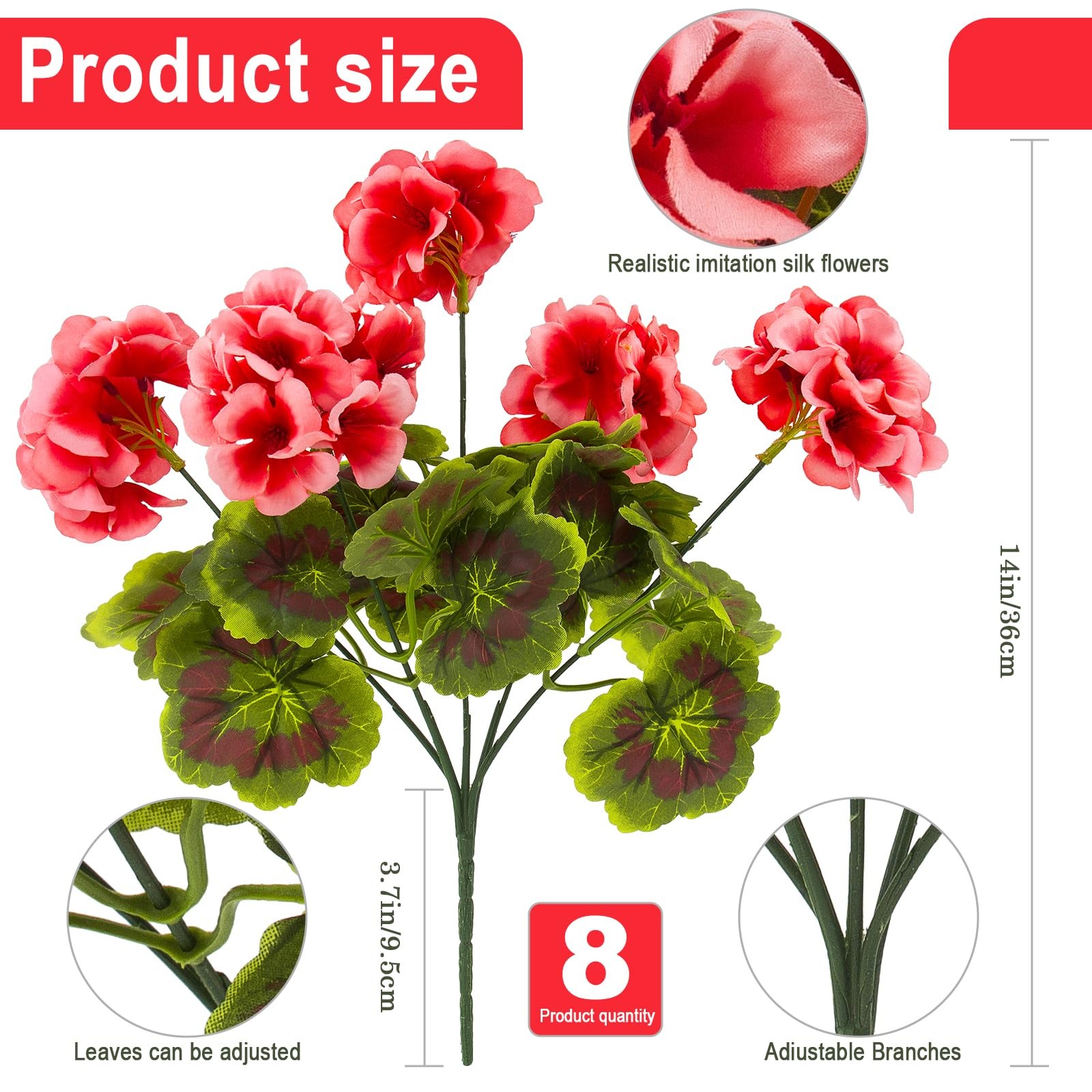 8 Pcs Artificial Geranium Plant Realistic Silk Flowers for Outside UV Resista…
