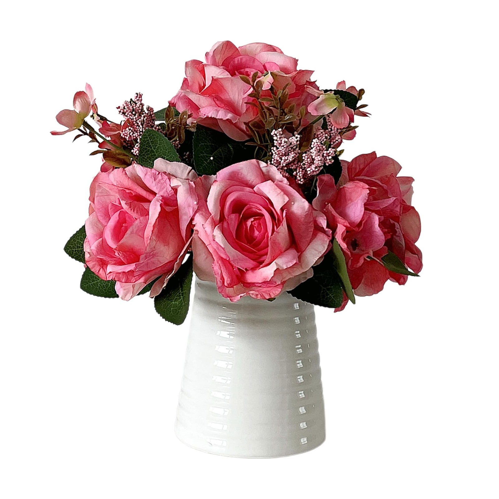 Artificial Rose Arrangement in White Ceramic Vase, Pink Silk Flowers with Fol…