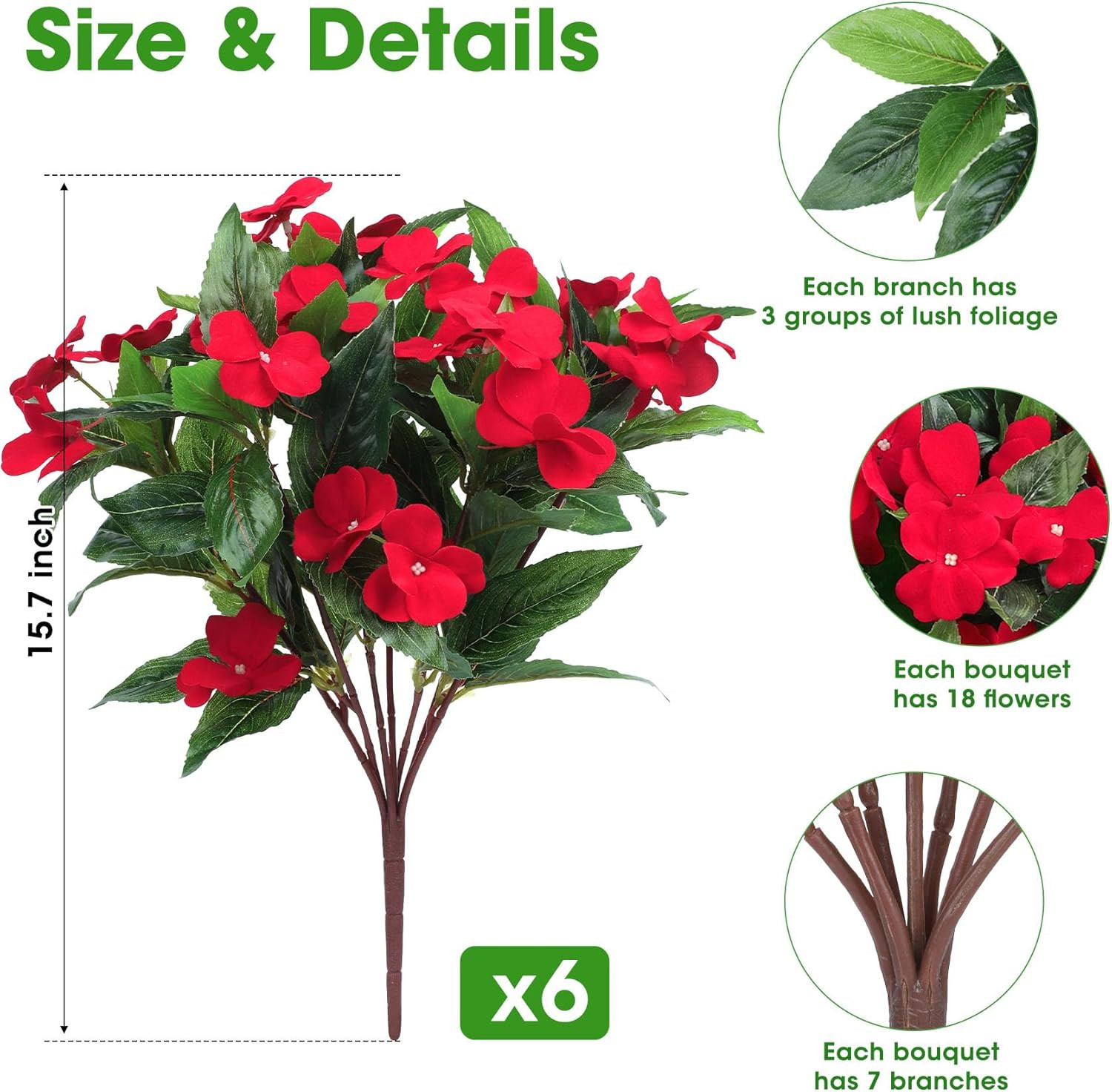 6 Bundles Artificial Impatiens Flowers for Outdoors Decoration, Silk Flowers Bou
