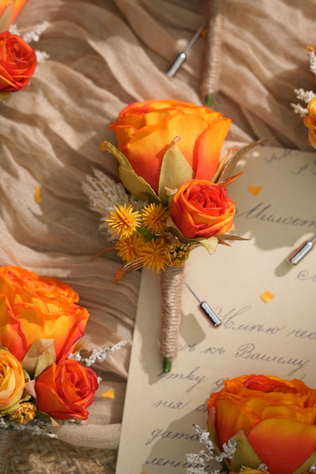 Retro Orange Rose Natural Dried Plants Boutonniere for Men, Set of 6, Corsage…