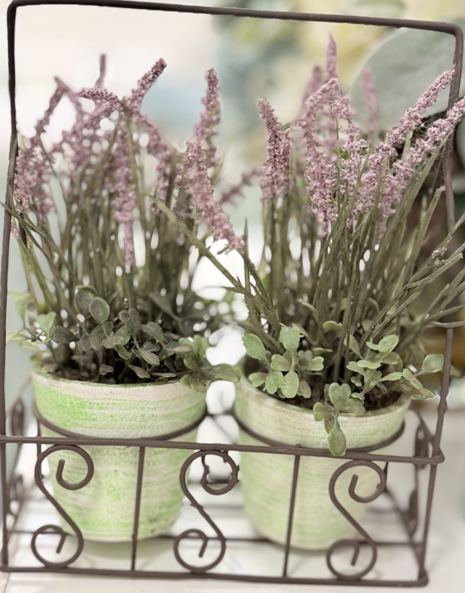 Farmhouse 9” Lavender Plants With Greenery In Pots With Rustic Metal Stand
