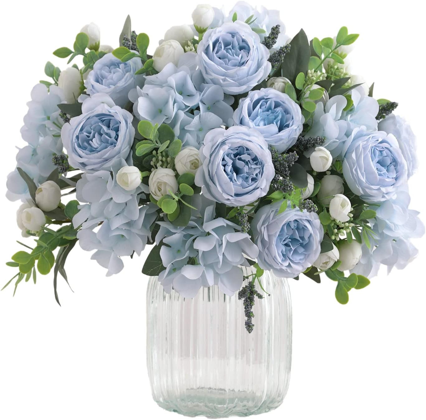 4 Bunches Artificial Flowers for Decoration Blue Peonies Fake Roses Arrangements