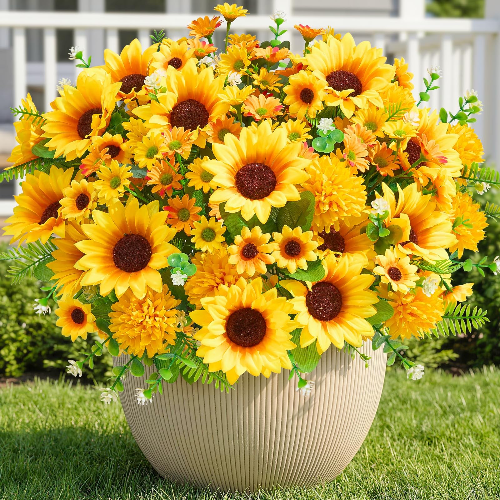 8 Bundles Artificial Flowers for Outdoors,UV Resistant Faux Sunflowers and Da…
