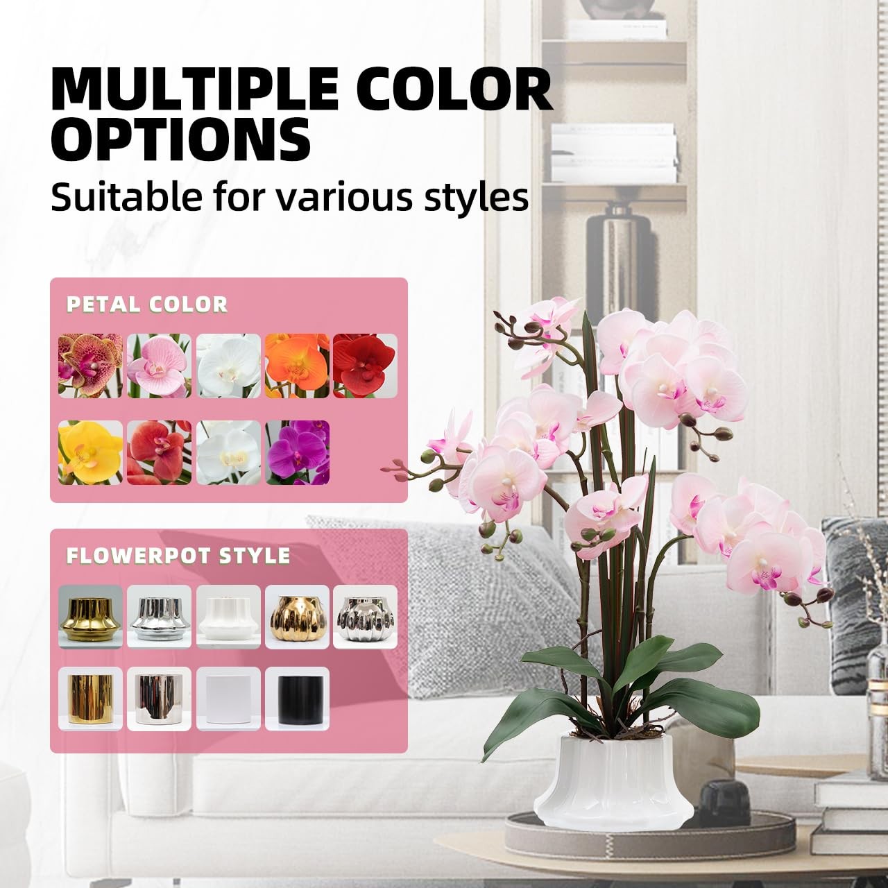 Artificial Orchid Flower Plant 20.9” Real Touch Faux Orchids in Ceramic Vase…