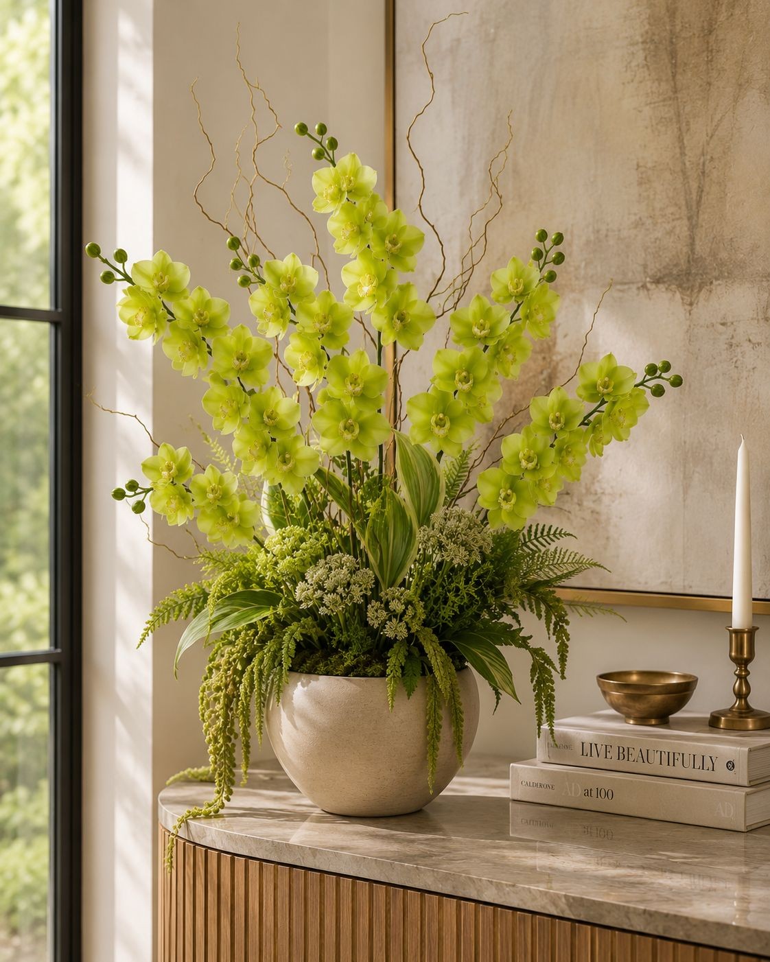 Real Touch Cymbidium Orchid Stem | Green Artificial Orchid | 31 Inch Faux Floral