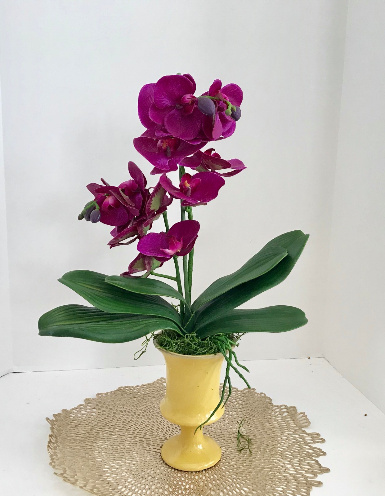 Silk Floral Arrangement with White Purple Silk Orchids, in a Yellow Art Deco Vas