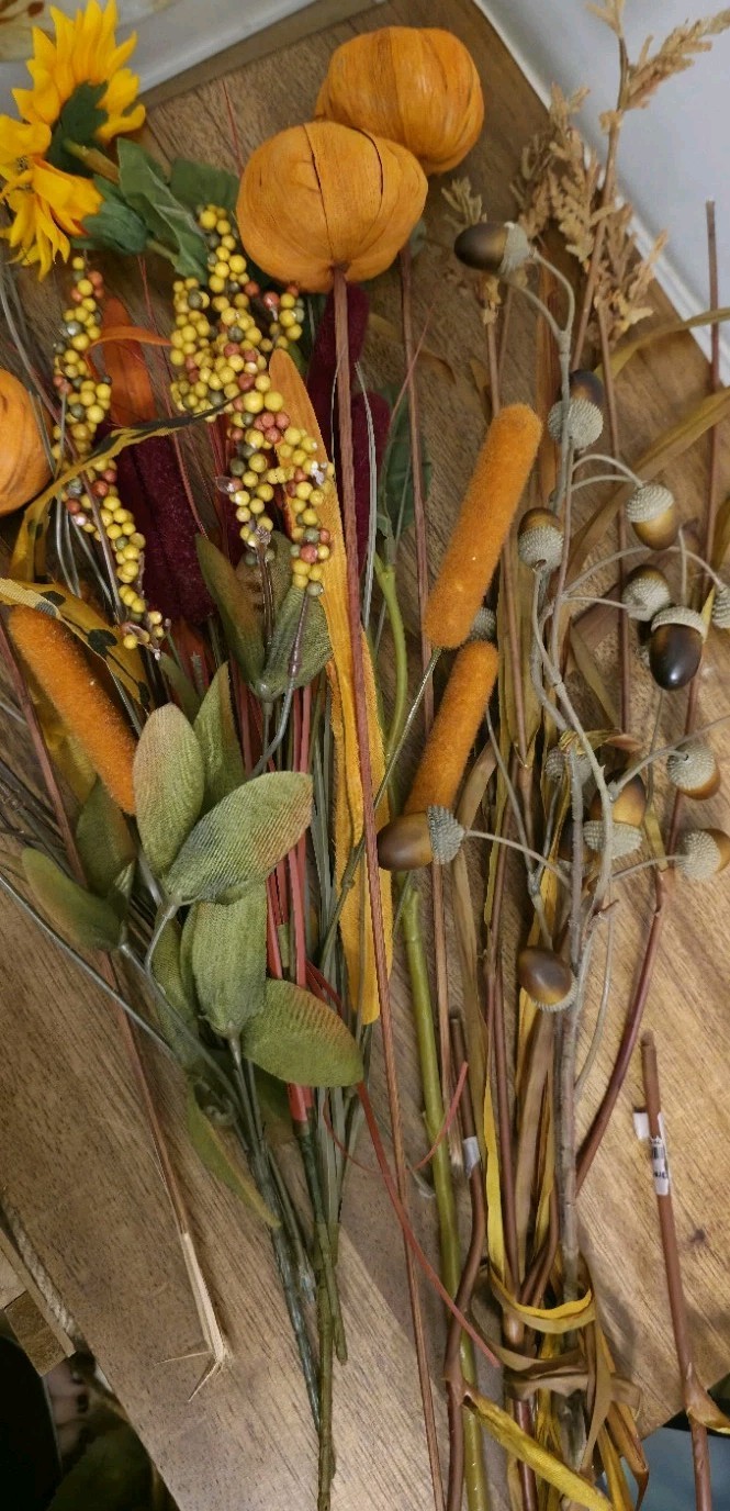 Fall Autumn Artificial Flowers Pumpkins Feathers Catails Berries Sunflower Acorn
