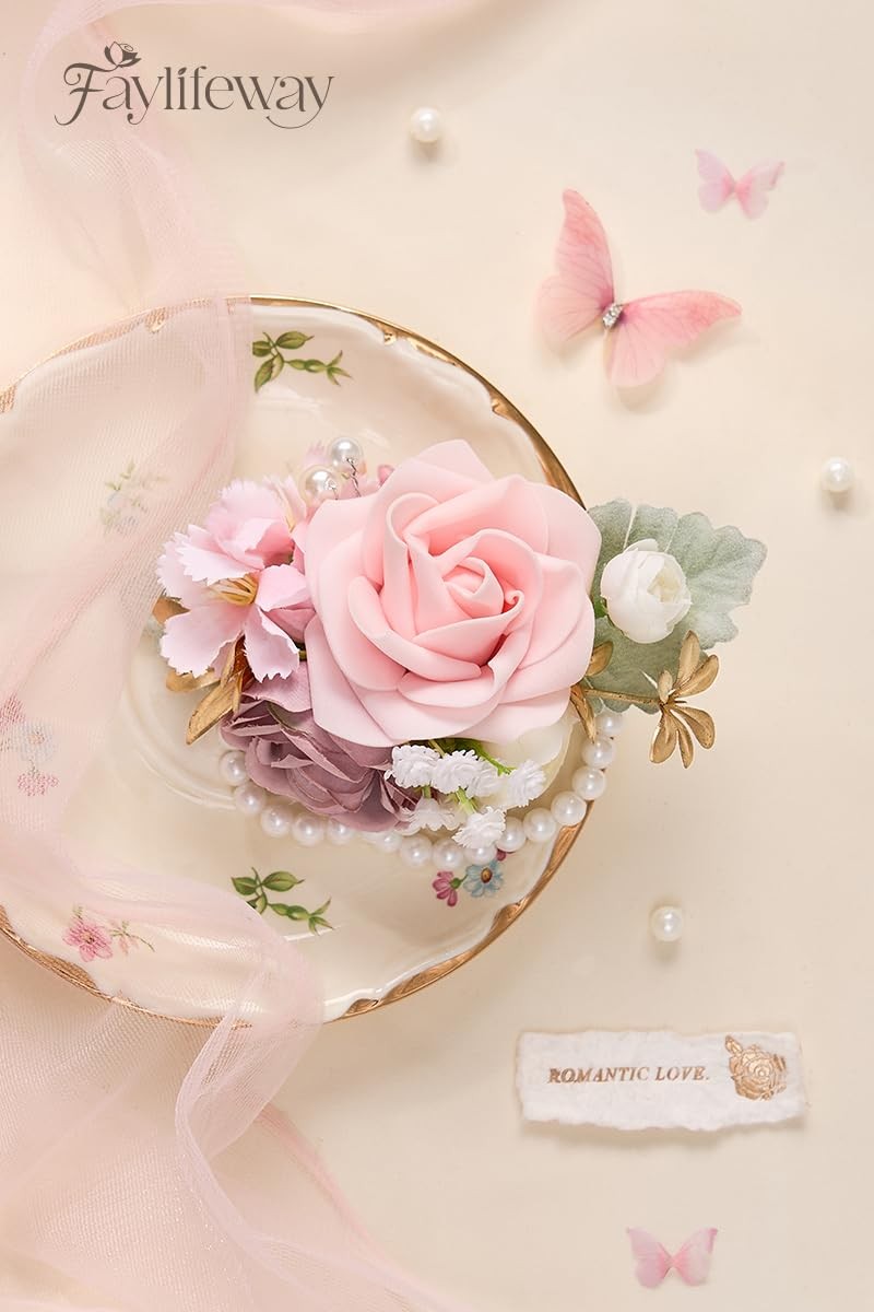 Pink Rose Corsage and Boutonniere Set Prom Flower Wrist Corsage for Wedding B…