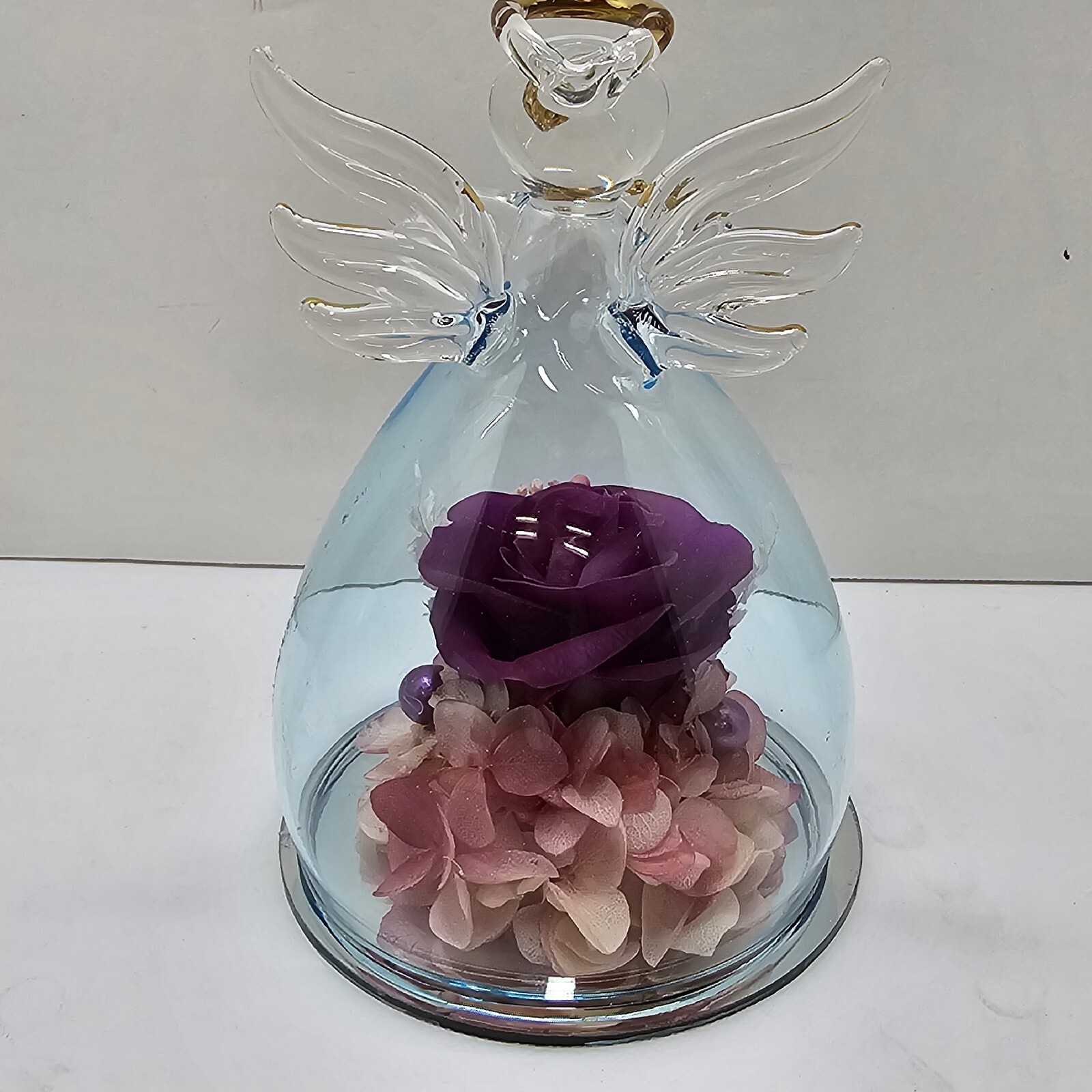 ANLUNOB Eternal Rose Glass Angel Figurine Purple Flower Hand Blown Sweetheart