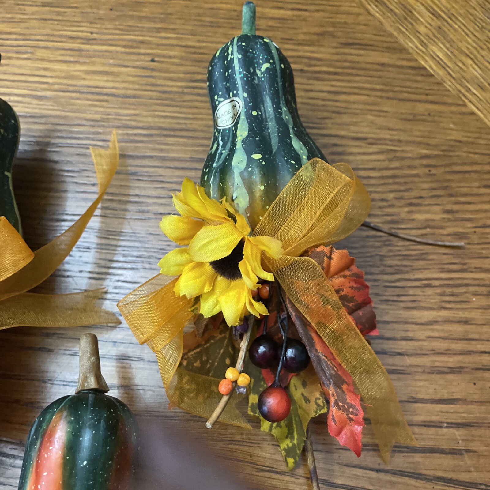 H04 Set of 4 – Artificial Short & Long Neck Gourds w/Fall Flowers on Pics