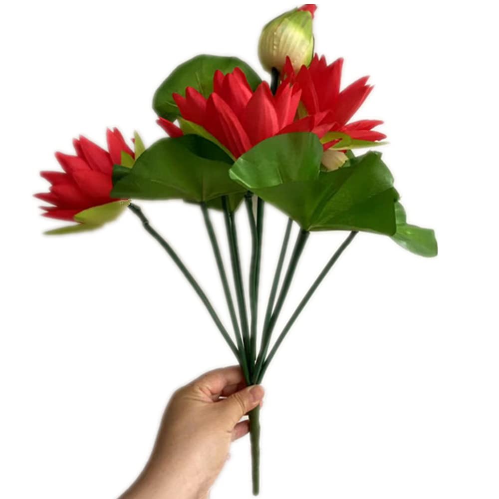 2pcs Red Lotus Artificial Flower Bouquets Faux Silk Water Lily Flower Bunch 1…