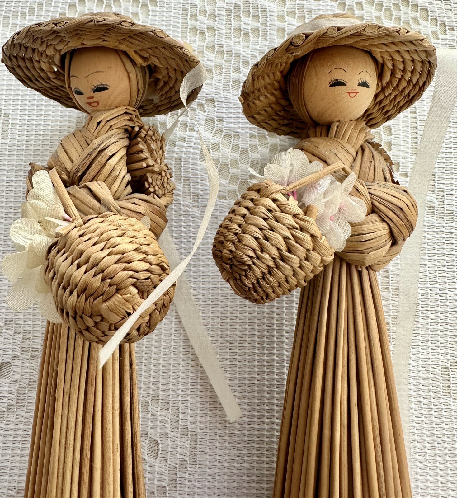2 Vintage Artisan Corn Husk & Wood Dolls Broom Straw Girls Basket Flowers & Hat