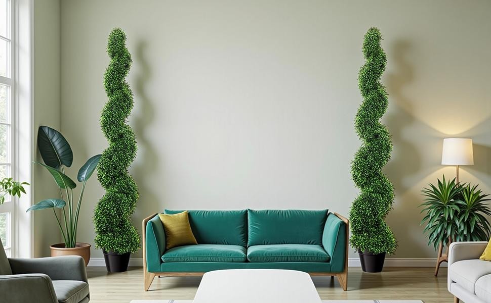 2-Pack Artificial Boxwood Spiral Trees 5 FT UV-Resistant Fake Plants w/ Pot