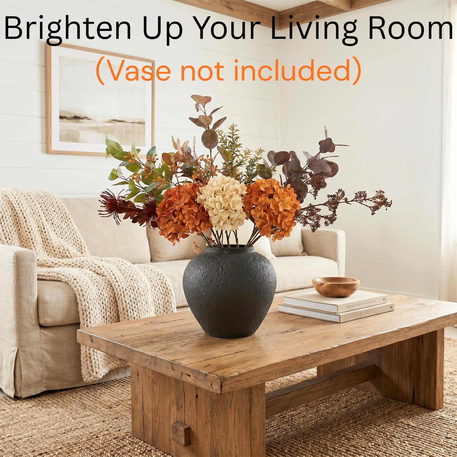 Faux Arrangement – Burnt Orange Hydrangea & Eucalyptus Stems, Fall Centerpiec…