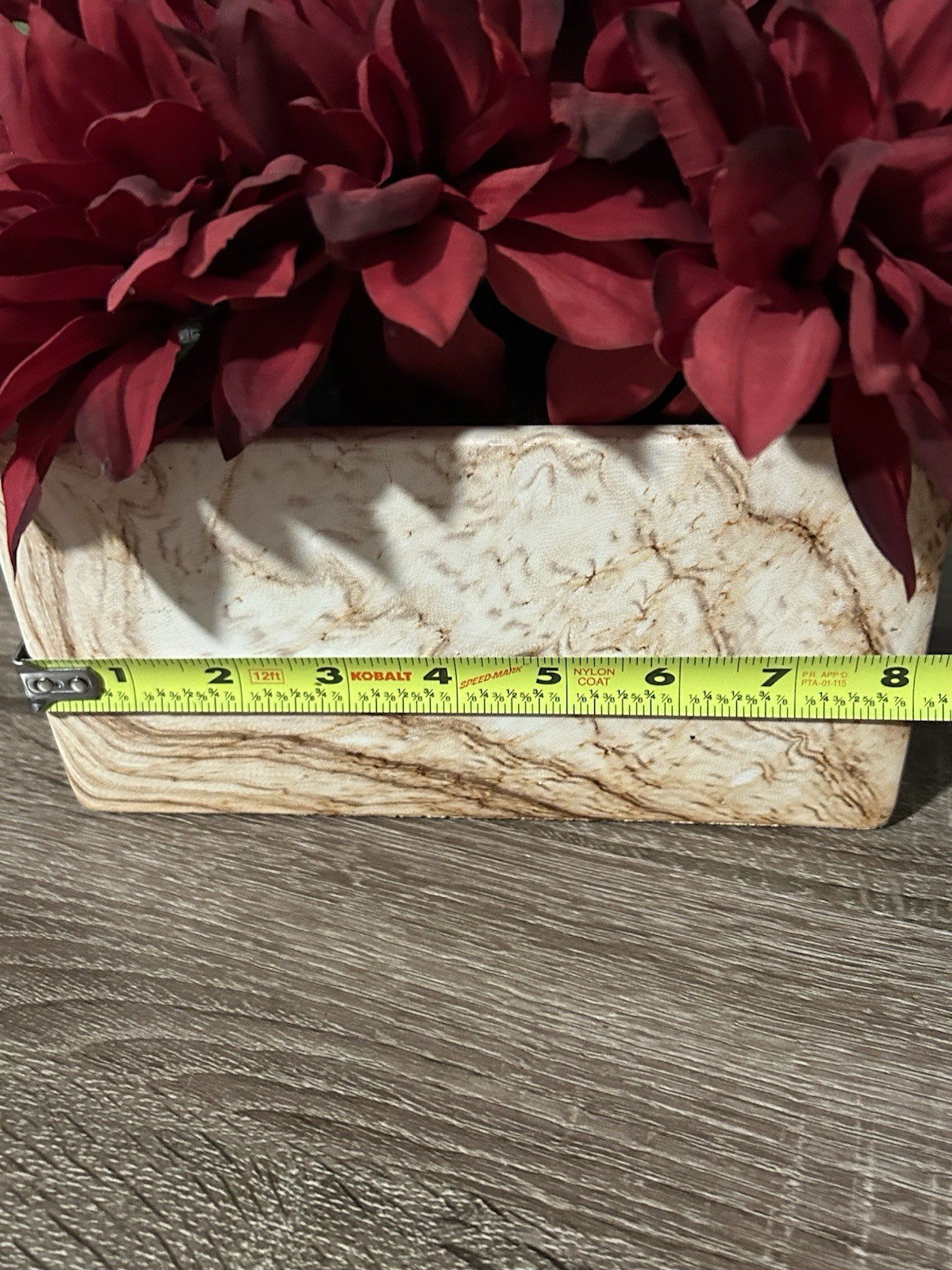 Heavy Faux Stone Planter Deep Red Silk Dahlias Floral Arrangement Centerpiece