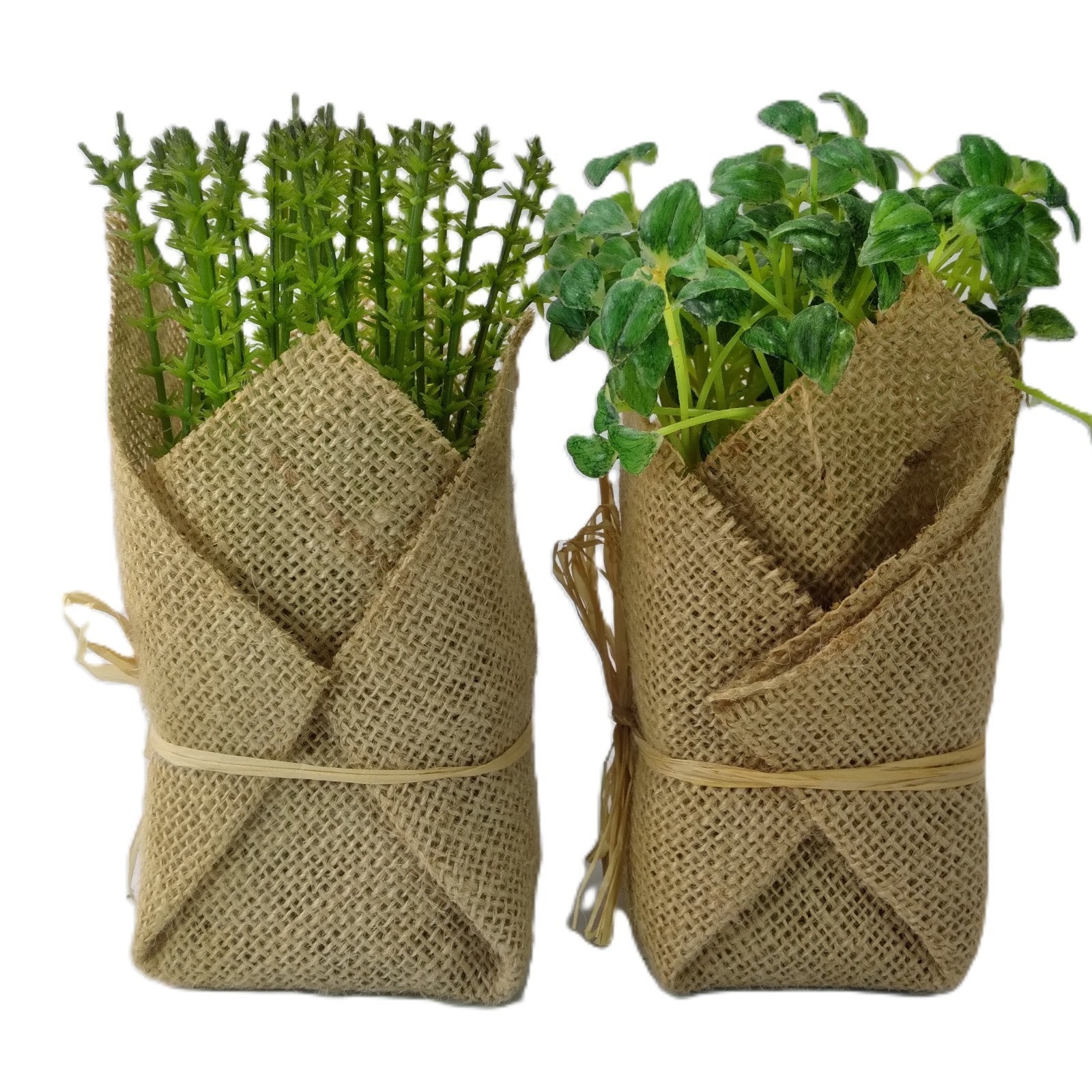 2 Pcs Small Artificial Plants Wrapped in Burlap Farmhouse Green Cottage 6.5-7″ T