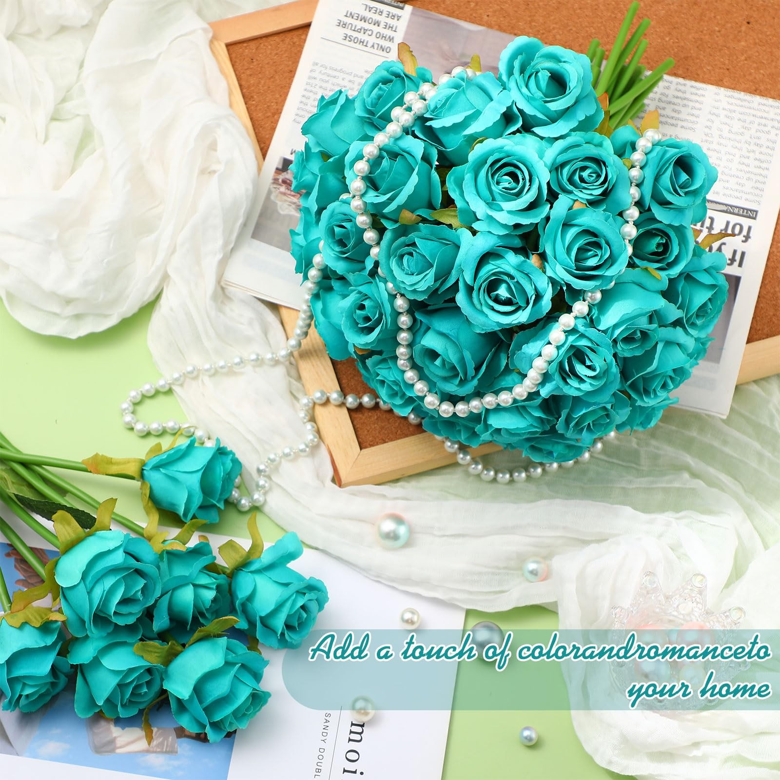 72 Heads Teal Artificial Flowers Turquoise Rose 6 Bouquet Wedding Decoration …