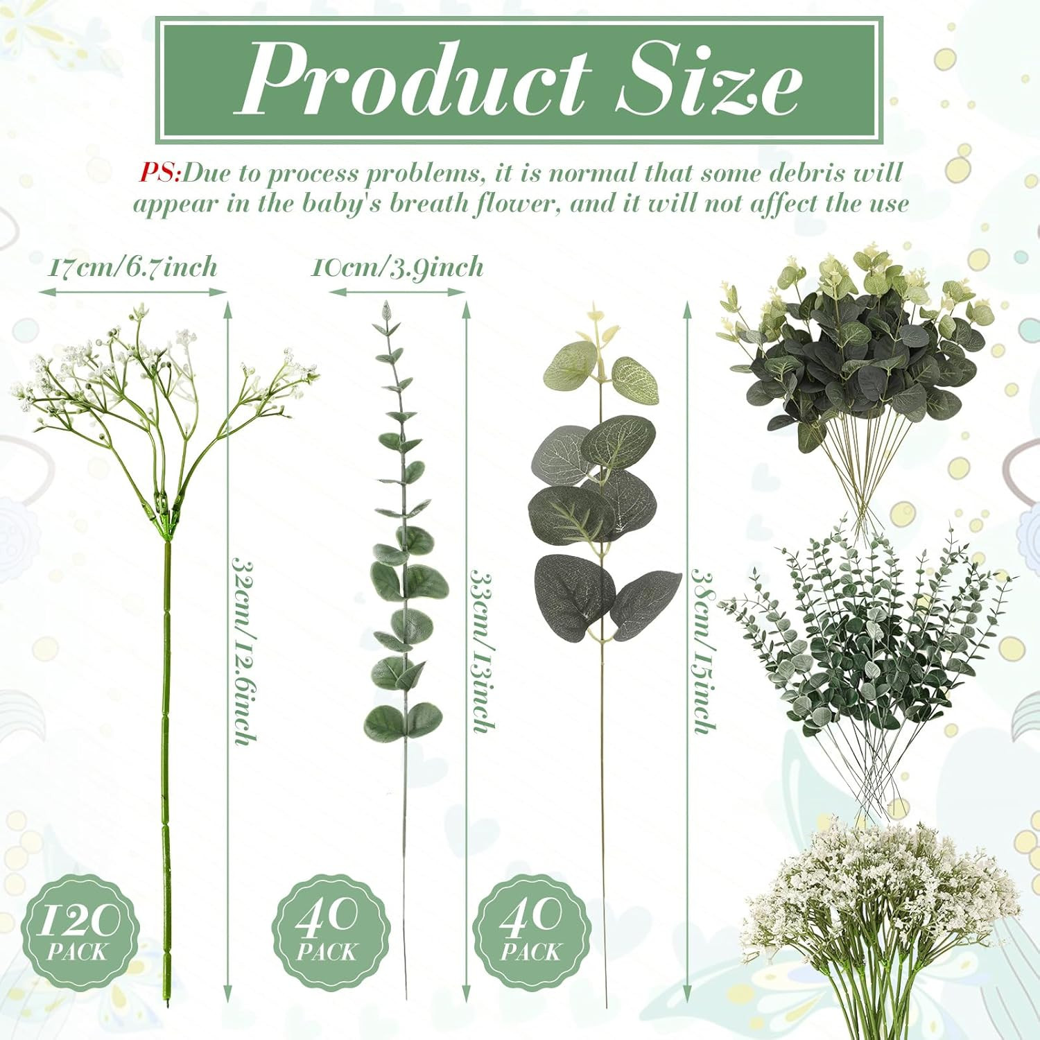 200 Pcs Artificial Baby’s Breath & Eucalyptus Stems for Wedding Decor