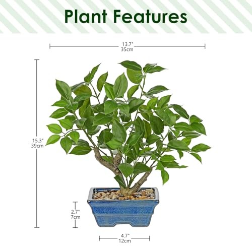 Fake Plants Small Artificial Plants Indoor 15.3″ Fake Potted Green -Blue Pot