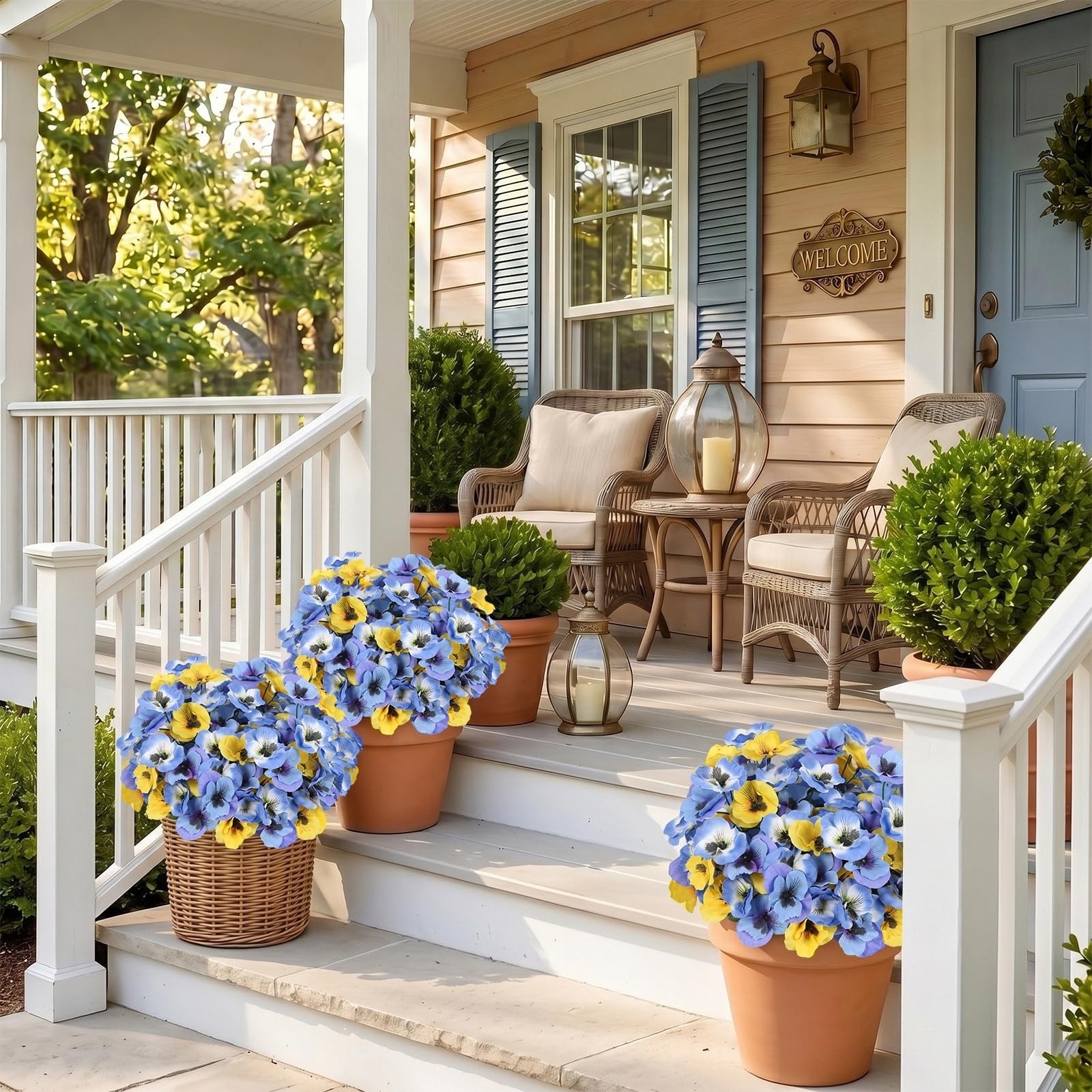 Famtores 6 Bundles Faux Pansies Outdoor UV Resistant, Blue and Yellow Artific…