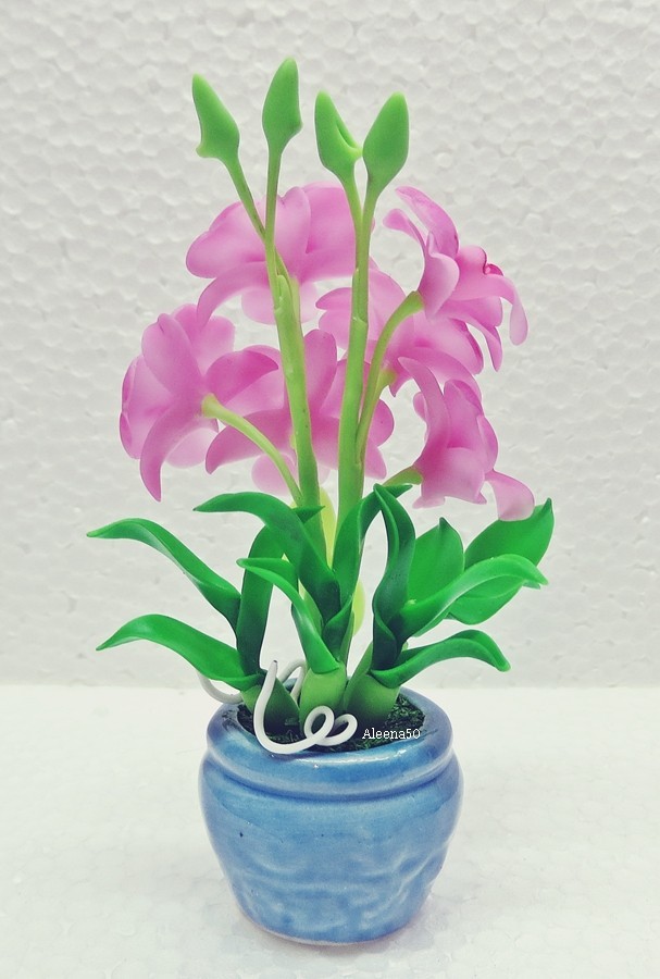 US Stock 4″H Handmade Air-Dry-Clay Miniature Dendrobium Orchid Arranged in Pot