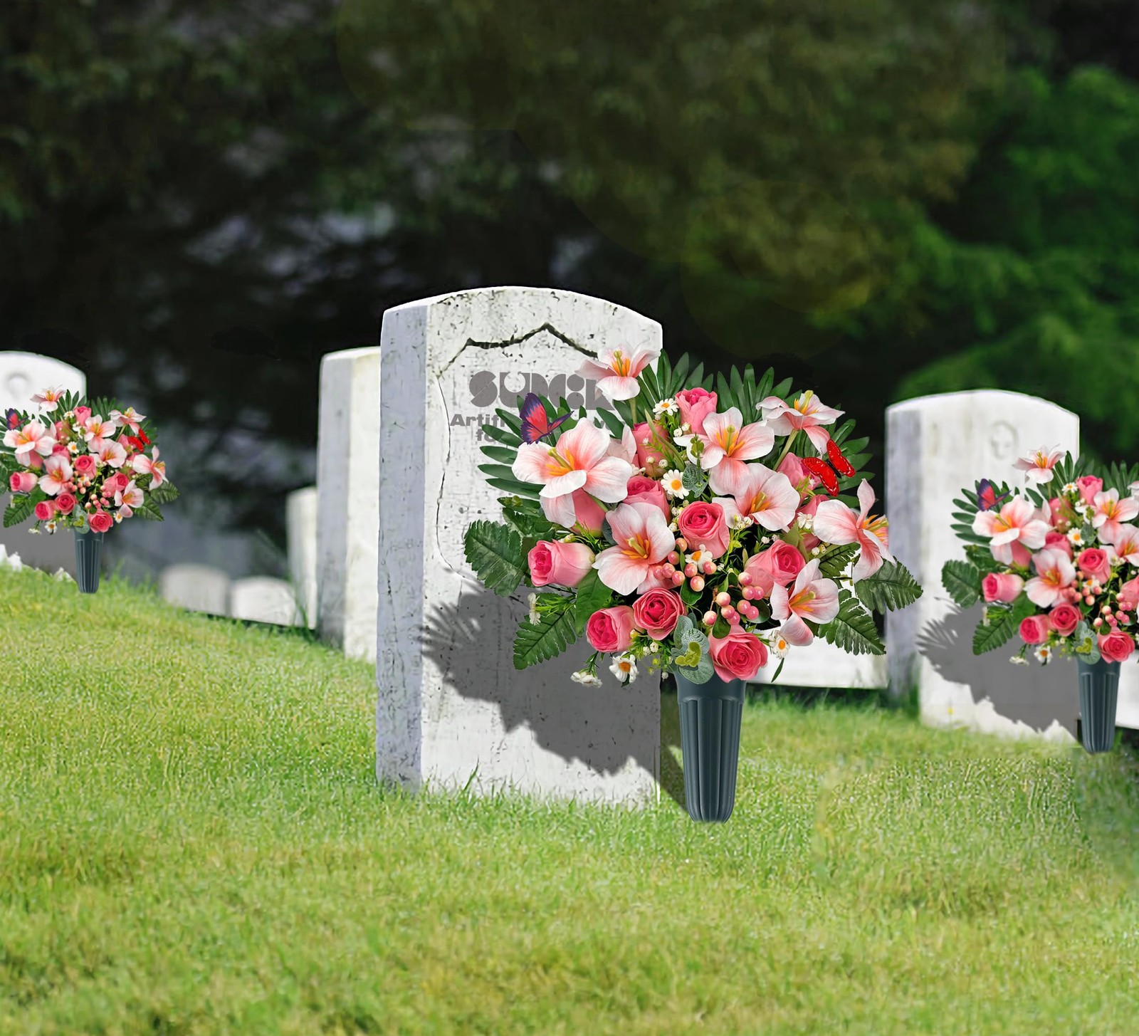 Grave Flowers Memorial Day Spring Pink Bouquet With Vase Headstone 1 PCS
