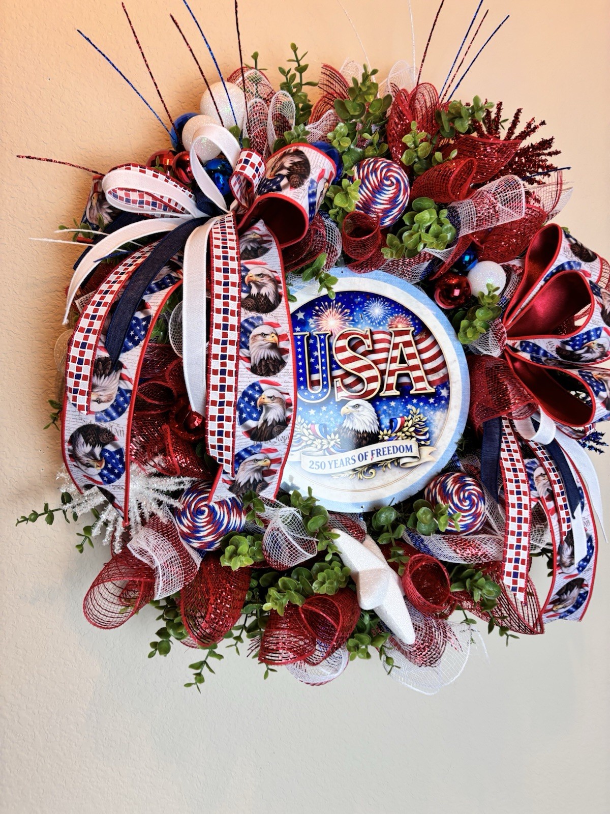 Patriotic Wreath USA Flag Red White Blue Front Door Decor American Eagle