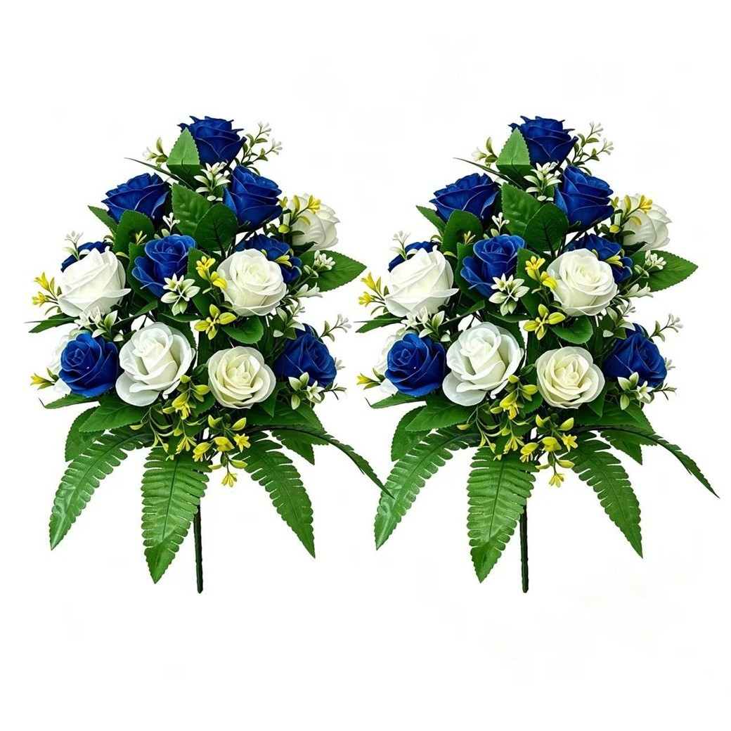 Artificial Rose Bouquets 2 Pack Blue White Green 43cm Low Maintenance Decor