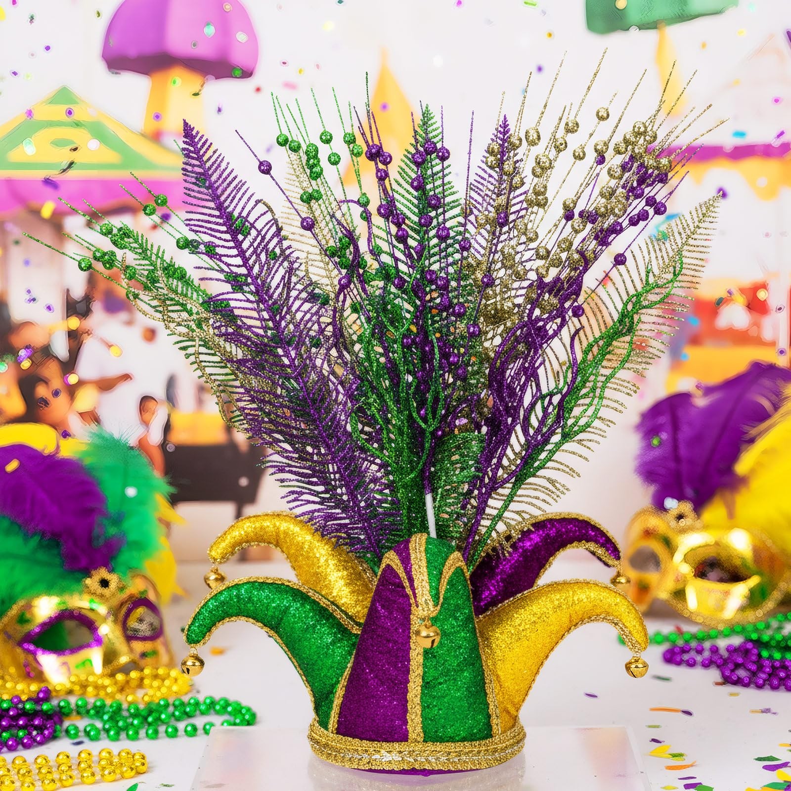 18 Pcs Mardi Gras Glitter Tree Picks Purple Gold Green Centerpiece Table Deco…
