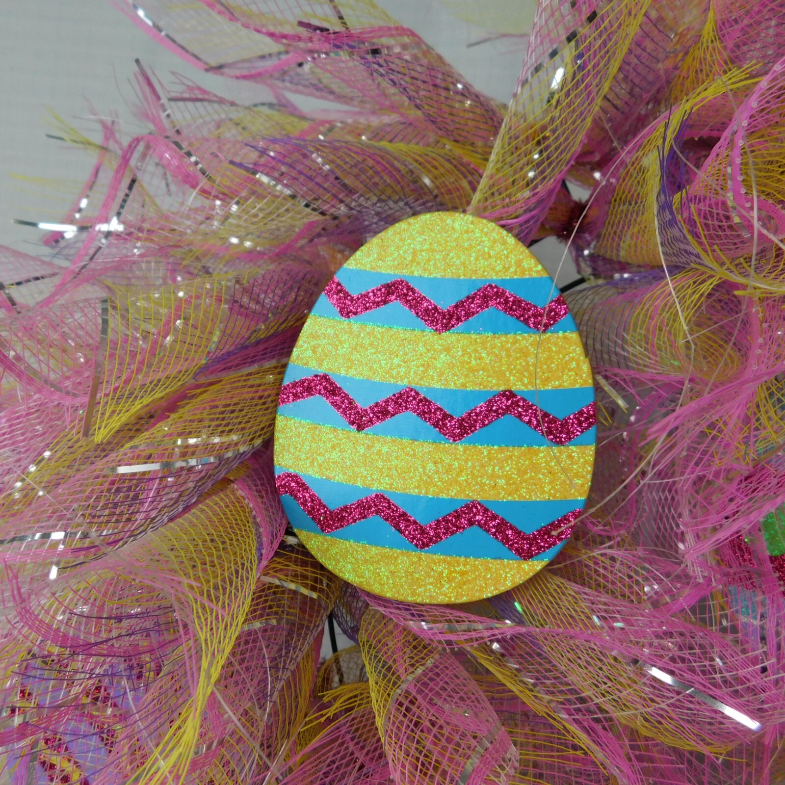 Handmade Mesh Wreath Easter Pastel Glitter Eggs Welcome Sign Metallic Pink #C317