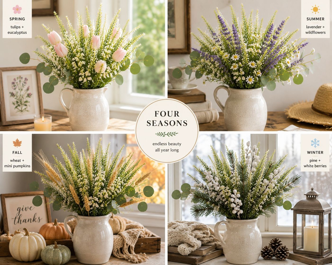 Artificial White Lavender Stems Faux Salvia Greenery Picks Farmhouse Floral Deco