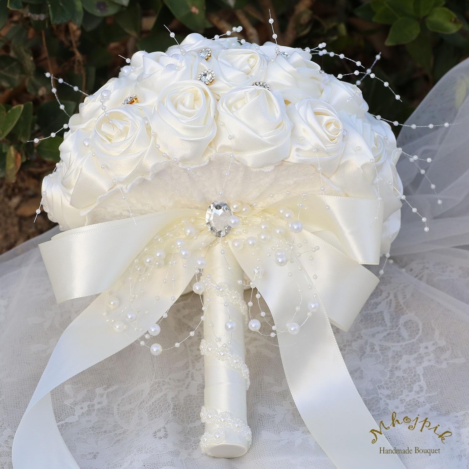 Ivory Bridal Wedding Bouquet Round Brooch Bling Artificial Rose Throw Toss Mat
