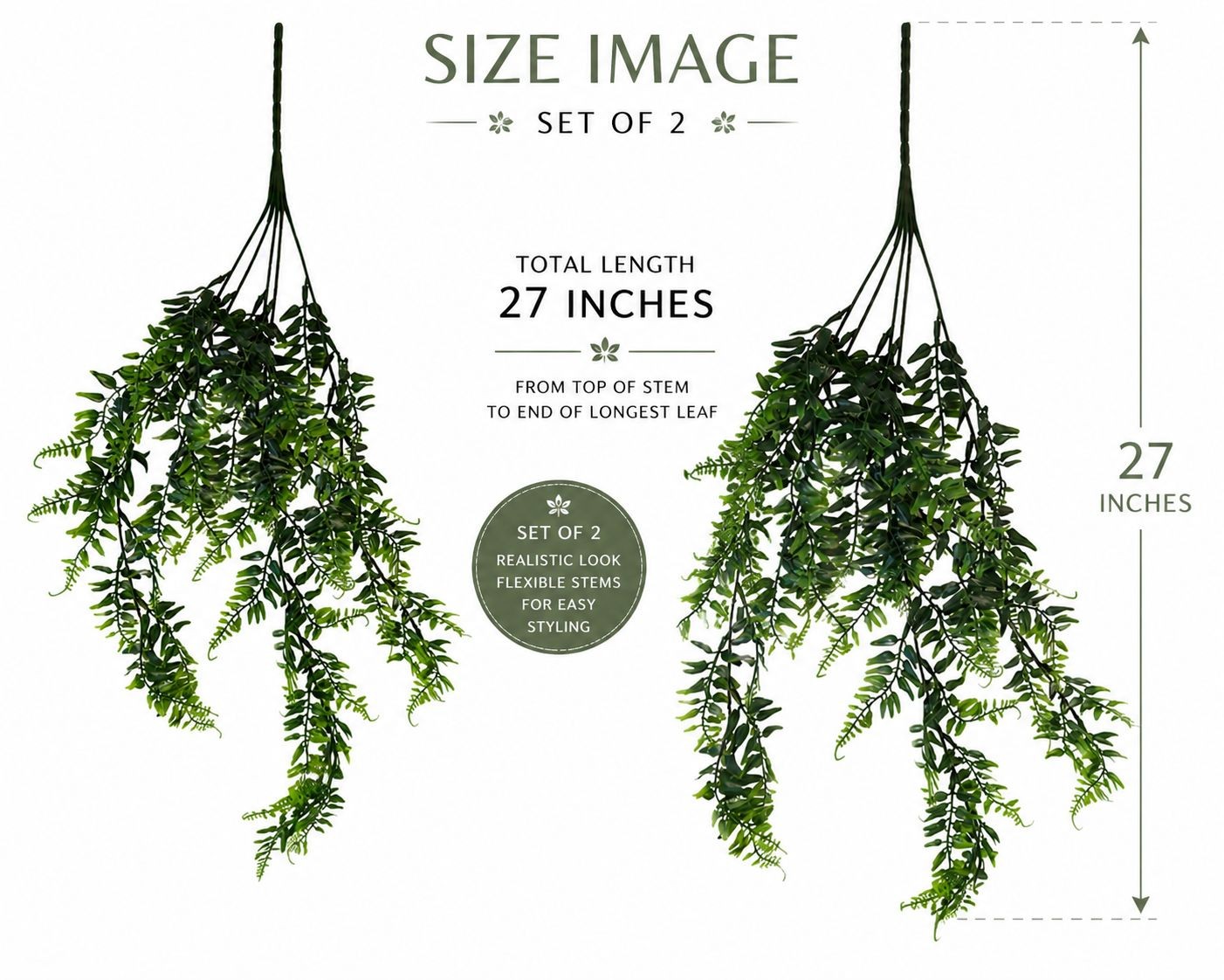Artificial Hanging Fern Greenery Set of 2 Faux Trailing Fern Bushes Hanging Gree