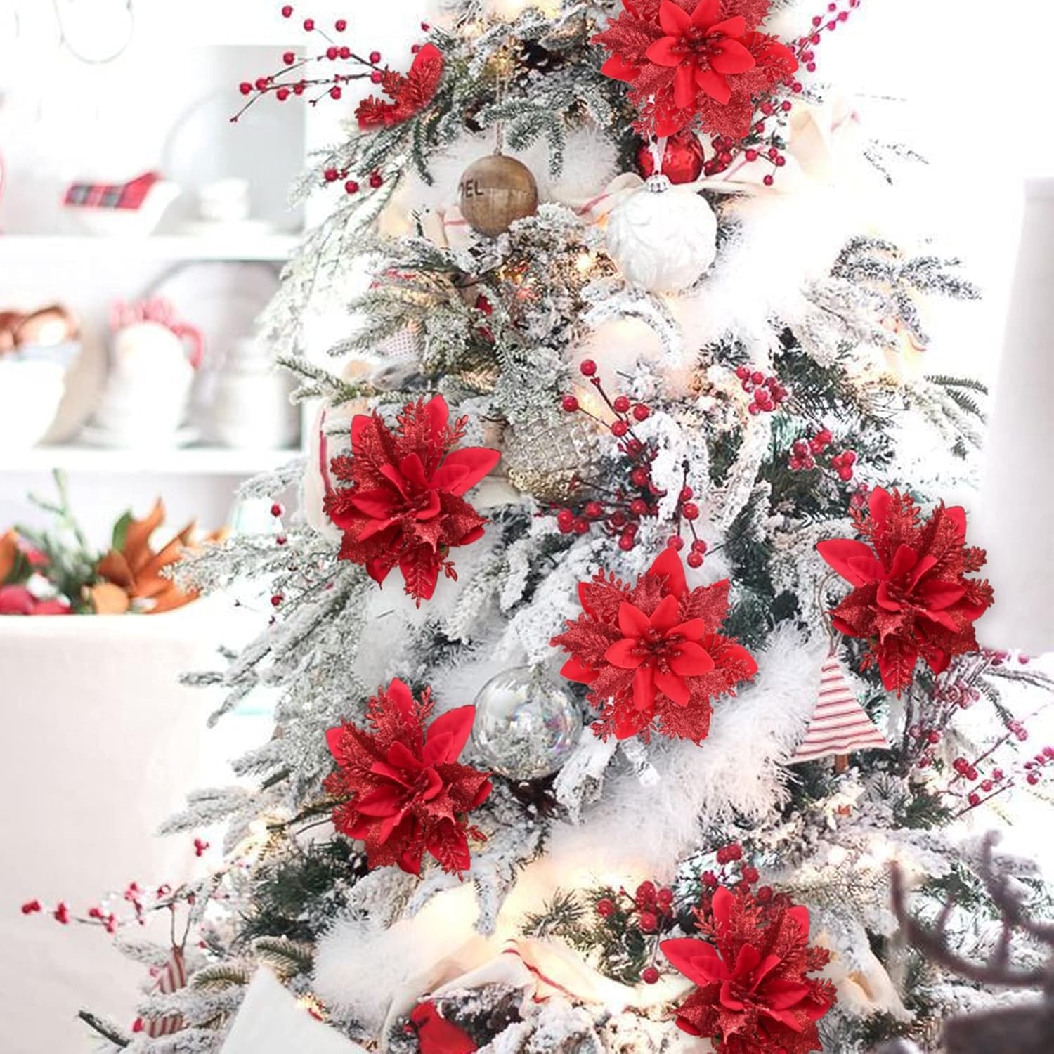 12 Pcs Glitter Poinsettia 5.5″ Artificial Flowers Christmas with Clips Stems …