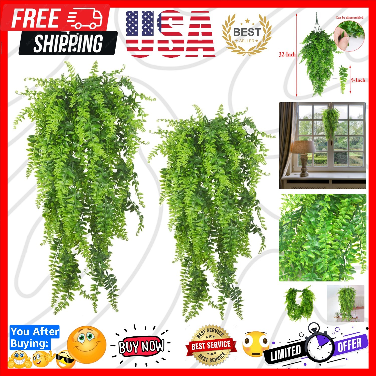 2pack Artificial Fake Hanging Ferns Plants Vine Fake Ivy Boston Fern Hanging …