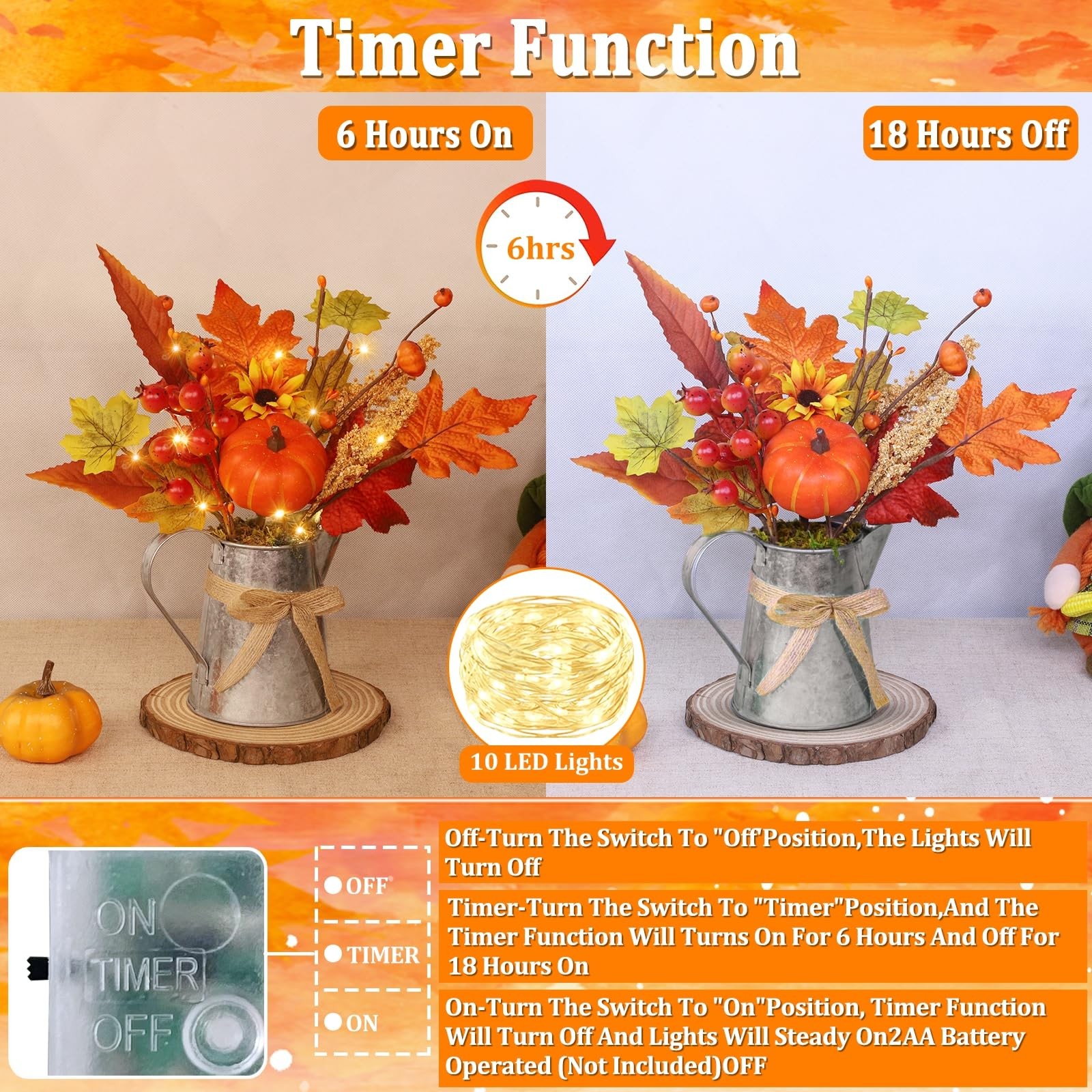 [Light & Timer] Fall Decor Table Centerpiece Rustic Metal Milk Jug with Artif…