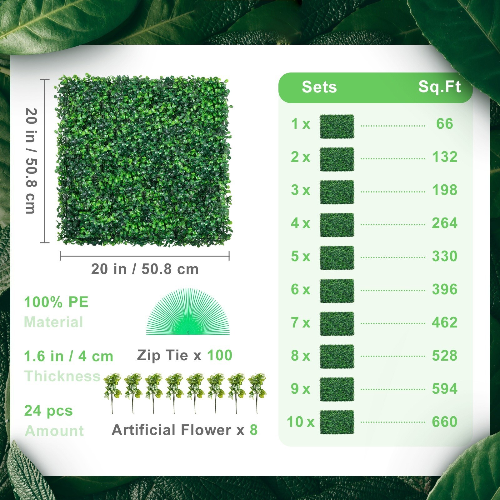 24-Pack 20×20-Inch Artificial Boxwood Hedge Wall Panels, 1.6-Inch Thickness