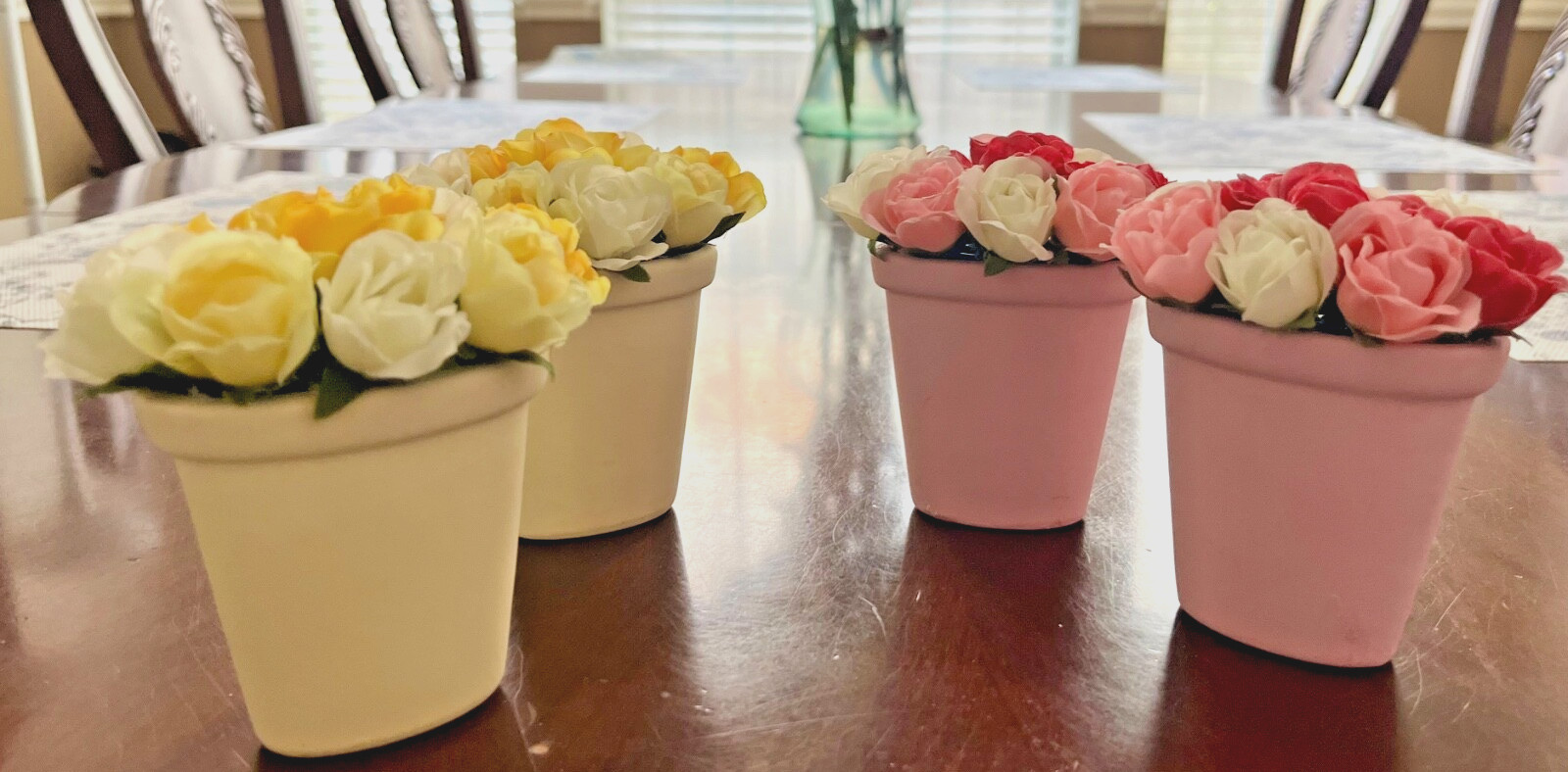 Set of 2 Silk Yellow Faux Rose Miniature Clay Pots Home Accessory Decor Gifts