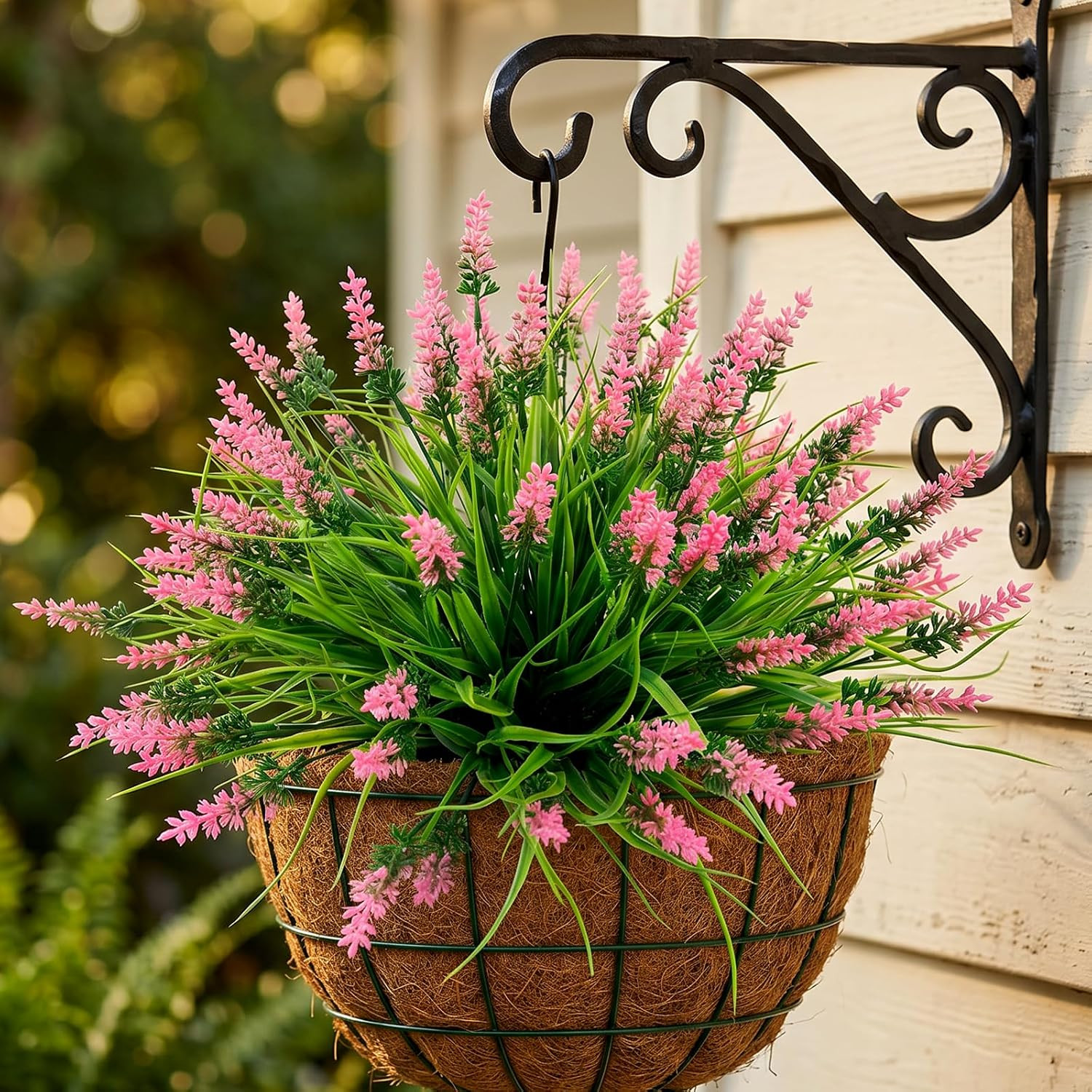 48Pcs UV Resistant Fake Monkey Grass with Pink Flowers for Home & Garden Decor