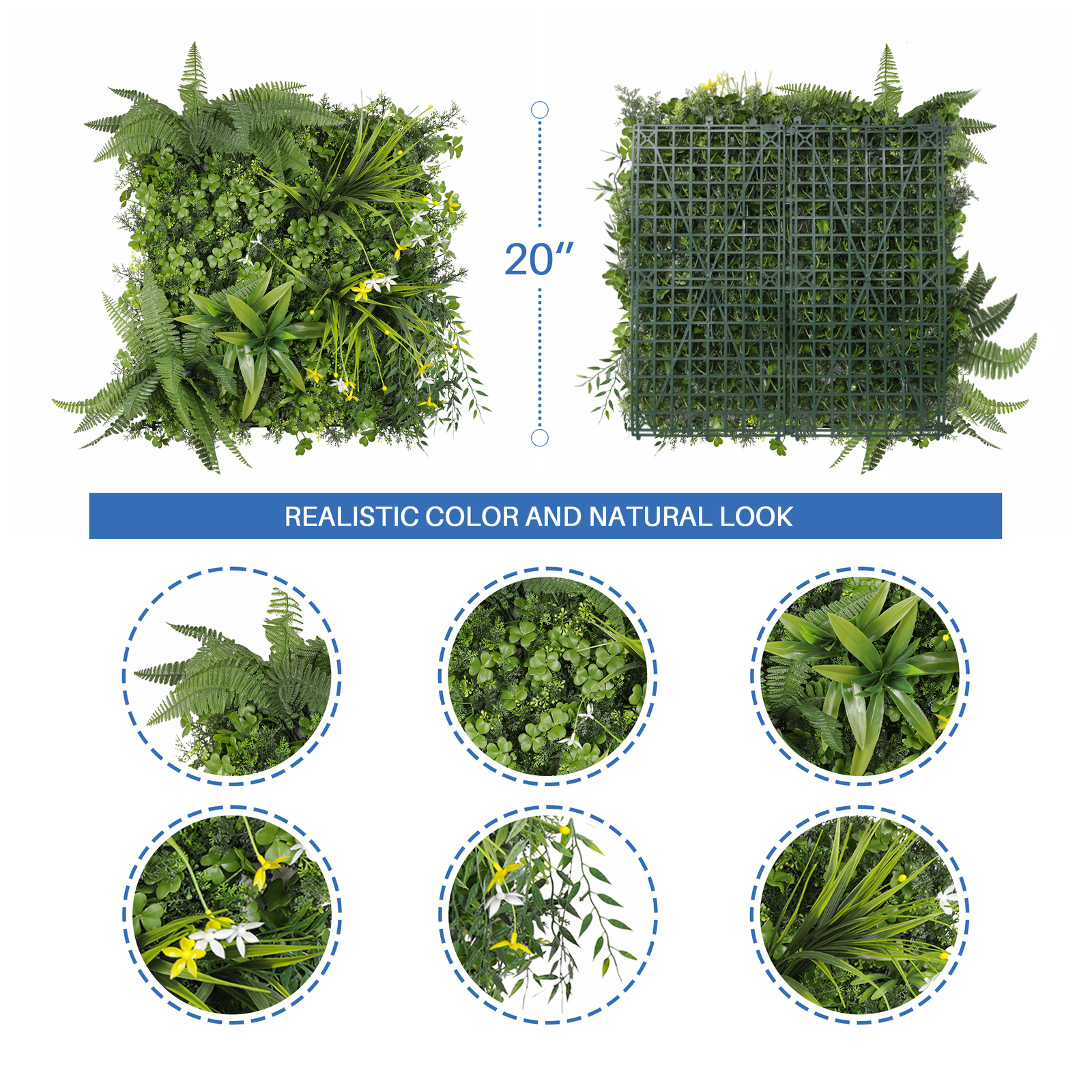 20×20″ Artificial Grass Mats 3D Mixed Plant Wall Hedge Decor Privacy Fence Panel