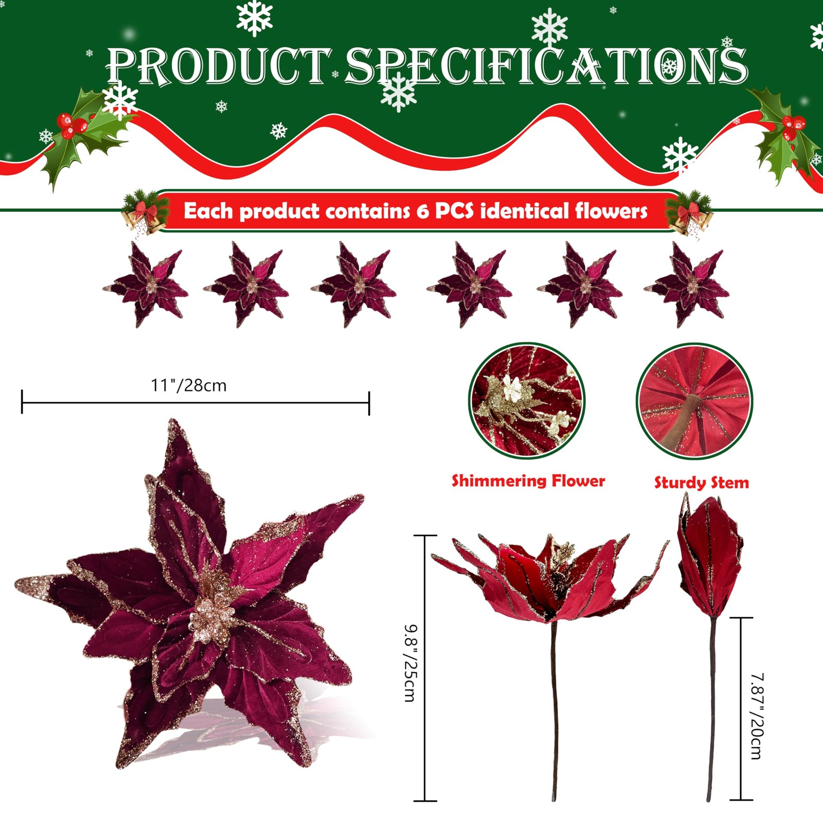 6 PCS Burgundy 11 Inch Artificial Red Velvet Poinsettia Flowers Glitter Decor