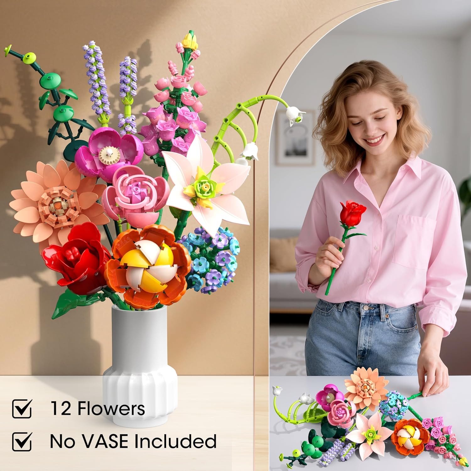 Flower Bouquet Building Set, 762Pcs Flowers Model Kit Creative STEM Toy for Home