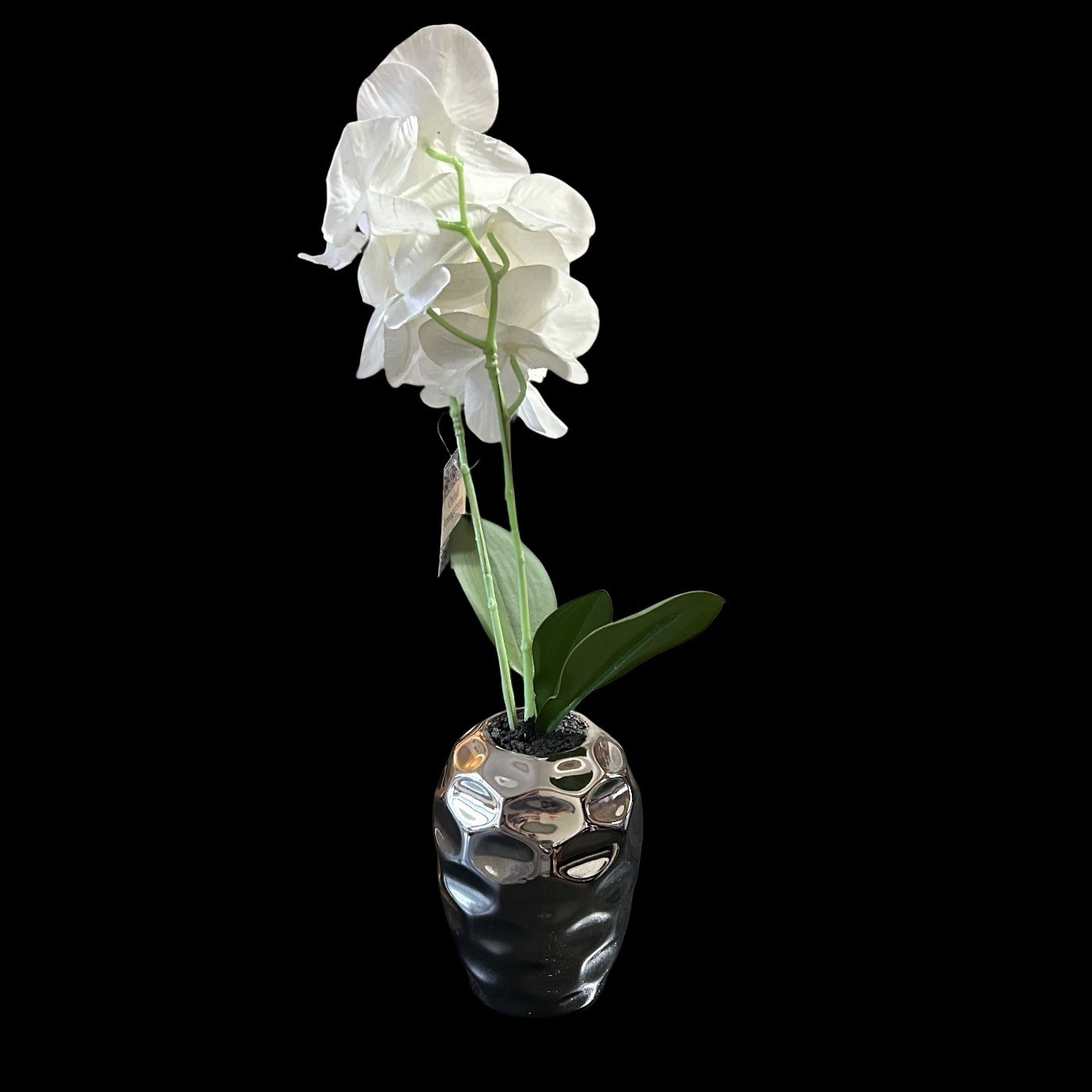 Orchid Floral Plant In Silver Metallic Vase 17” Table Art Modern Home Decor New