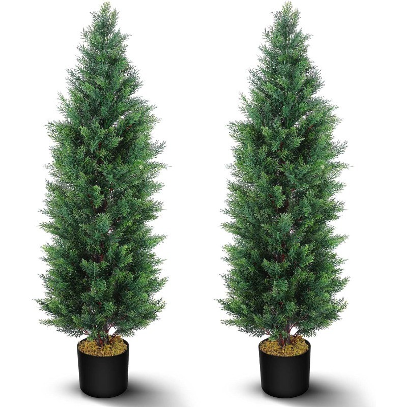 2 Pcs 4 Ft Artificial Topiary Cedar Trees, Outdoor Faux Pine Shrubs