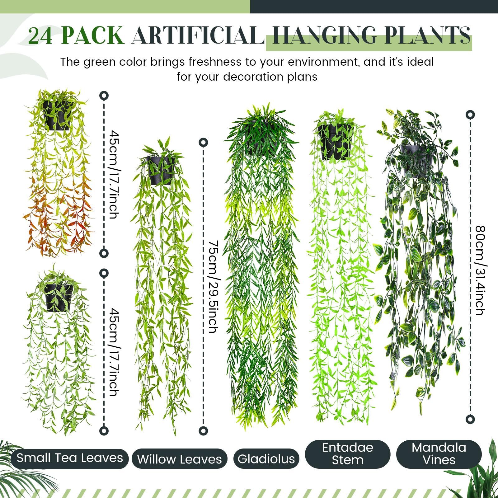 FineCheer 24pcs Artificial Hanging Plants 7.5×28.3×9.8in, Wall Shelf Decor