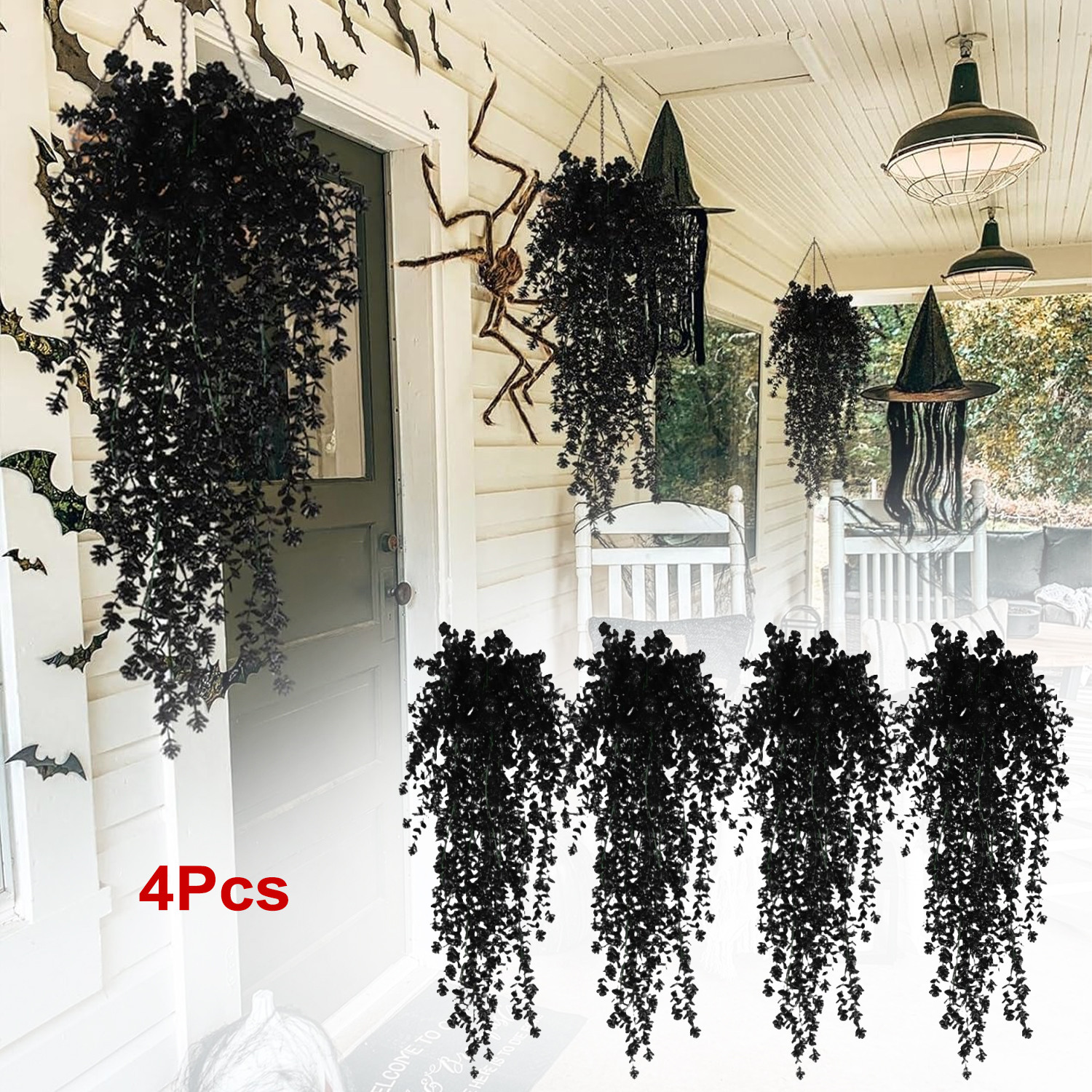 4Pcs Black Hanging Flowers Artificial Plants for Halloween Garden Gothic Decor