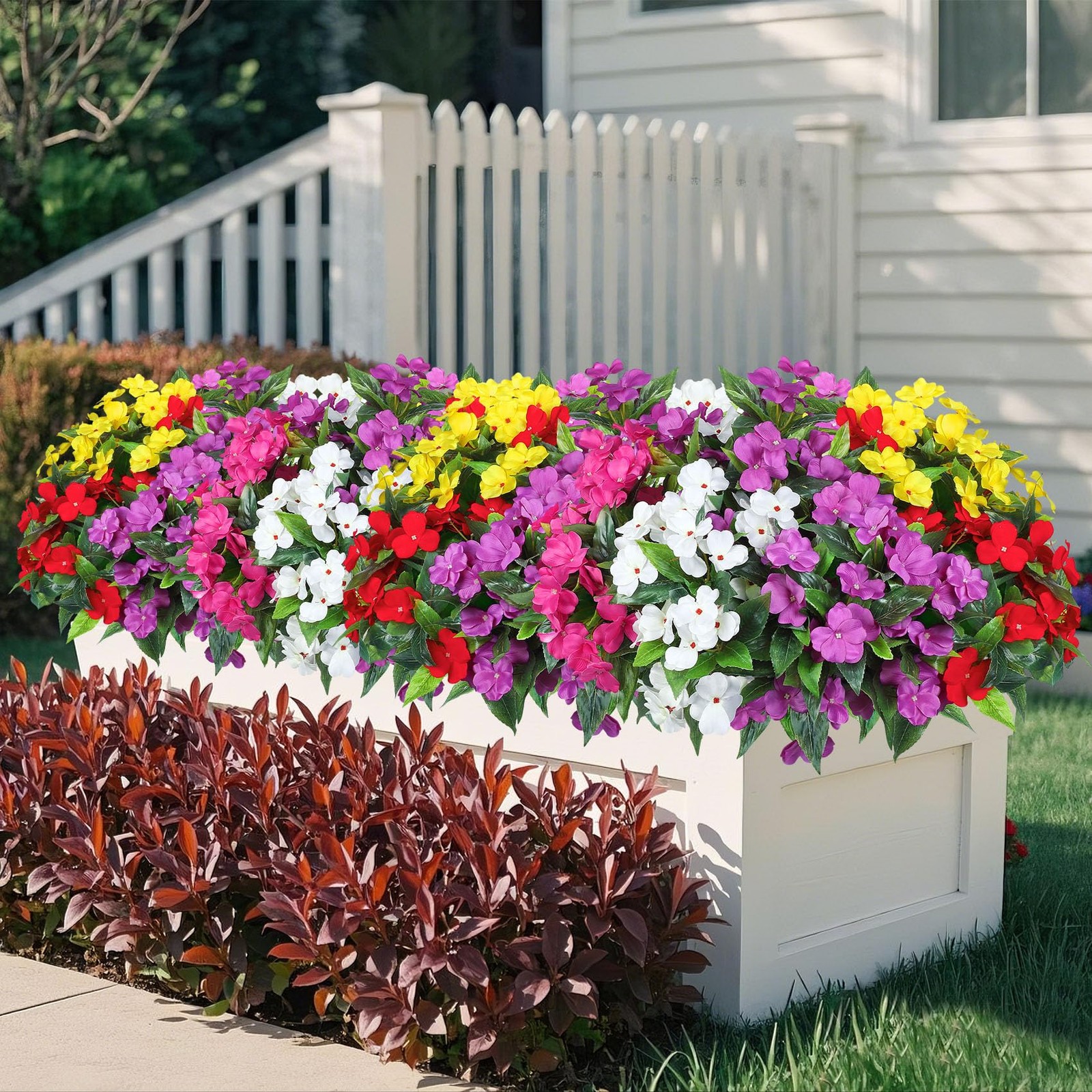 6 Bundles Artificial Impatiens Flowers for Outdoors, Multicolor
